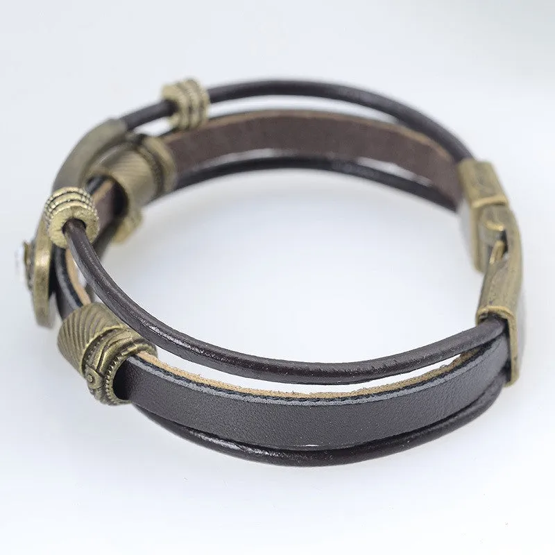 Handmade Men Jewelry Handmade Vintage PU Leather Bracelets & Bangles Pulseira Masculina Flower Bead Charm Bracelet for Men Male