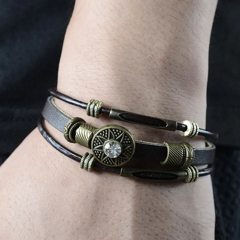 Handmade Men Jewelry Handmade Vintage PU Leather Bracelets & Bangles Pulseira Masculina Flower Bead Charm Bracelet for Men Male