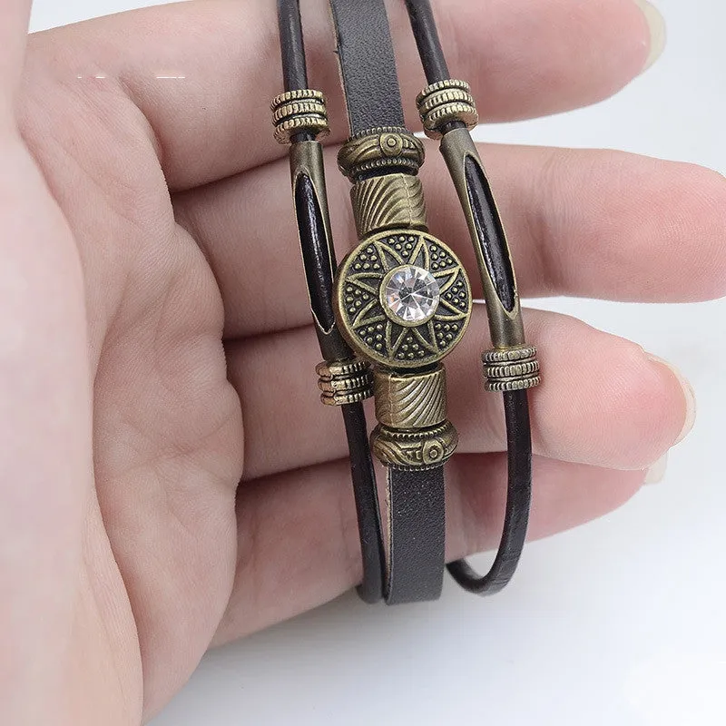 Handmade Men Jewelry Handmade Vintage PU Leather Bracelets & Bangles Pulseira Masculina Flower Bead Charm Bracelet for Men Male
