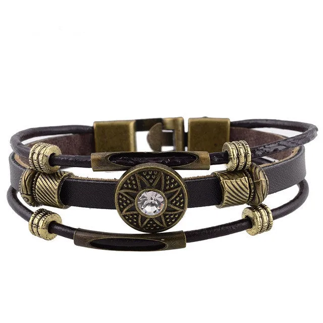 Handmade Men Jewelry Handmade Vintage PU Leather Bracelets & Bangles Pulseira Masculina Flower Bead Charm Bracelet for Men Male