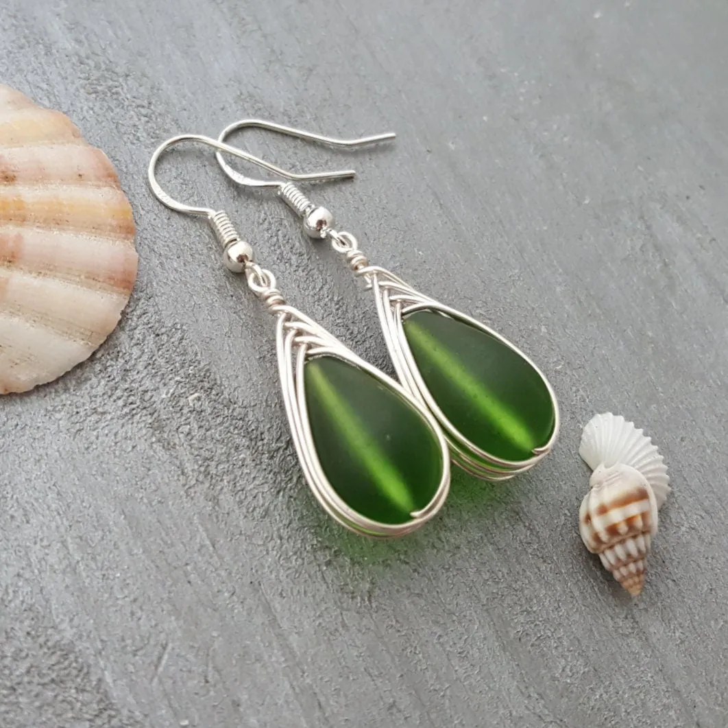 Hawaiian Jewelry Sea Glass Earrings, Braided Emerald Earrings Green Earrings Teardrop Earrings, Sea Glass Jewelry (May Birthstone Jewelry)