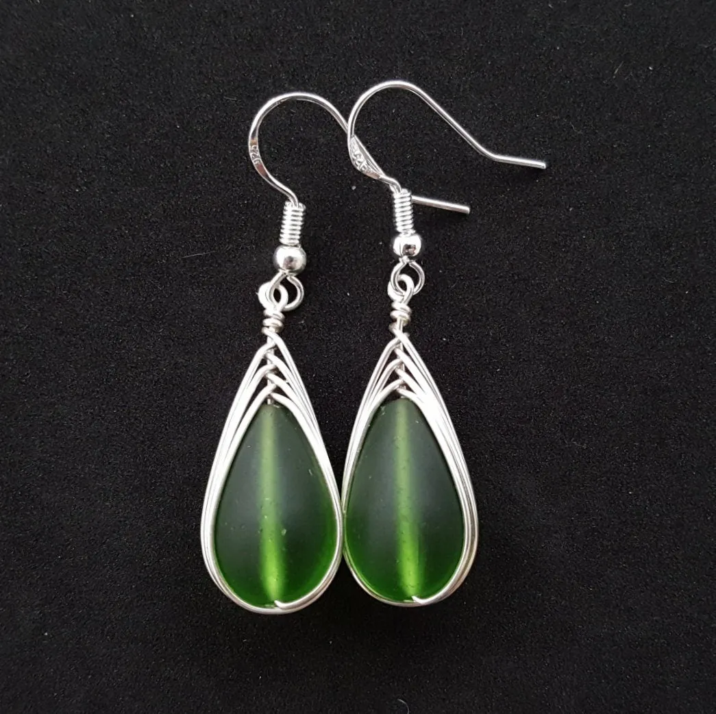 Hawaiian Jewelry Sea Glass Earrings, Braided Emerald Earrings Green Earrings Teardrop Earrings, Sea Glass Jewelry (May Birthstone Jewelry)