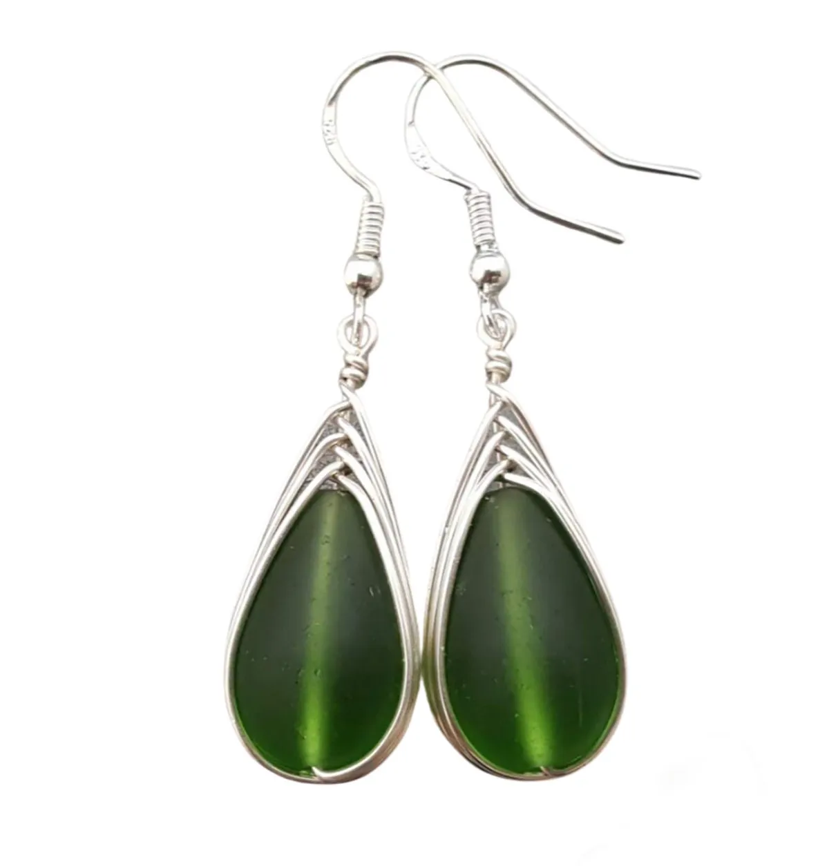 Hawaiian Jewelry Sea Glass Earrings, Braided Emerald Earrings Green Earrings Teardrop Earrings, Sea Glass Jewelry (May Birthstone Jewelry)