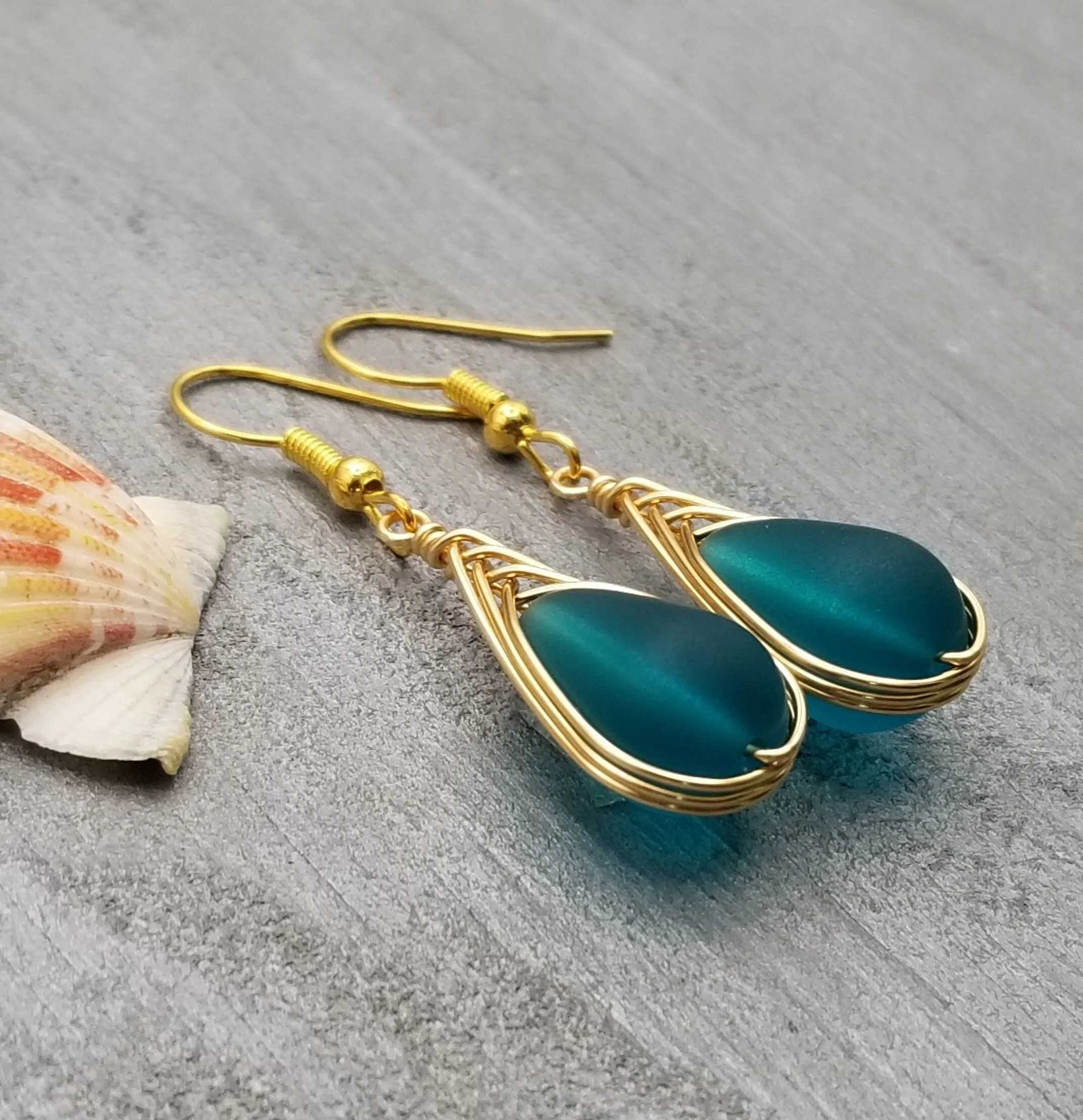 Hawaiian Jewelry Sea Glass Earrings, Gold Braided Teal Earrings, Beach Jewelry For Women