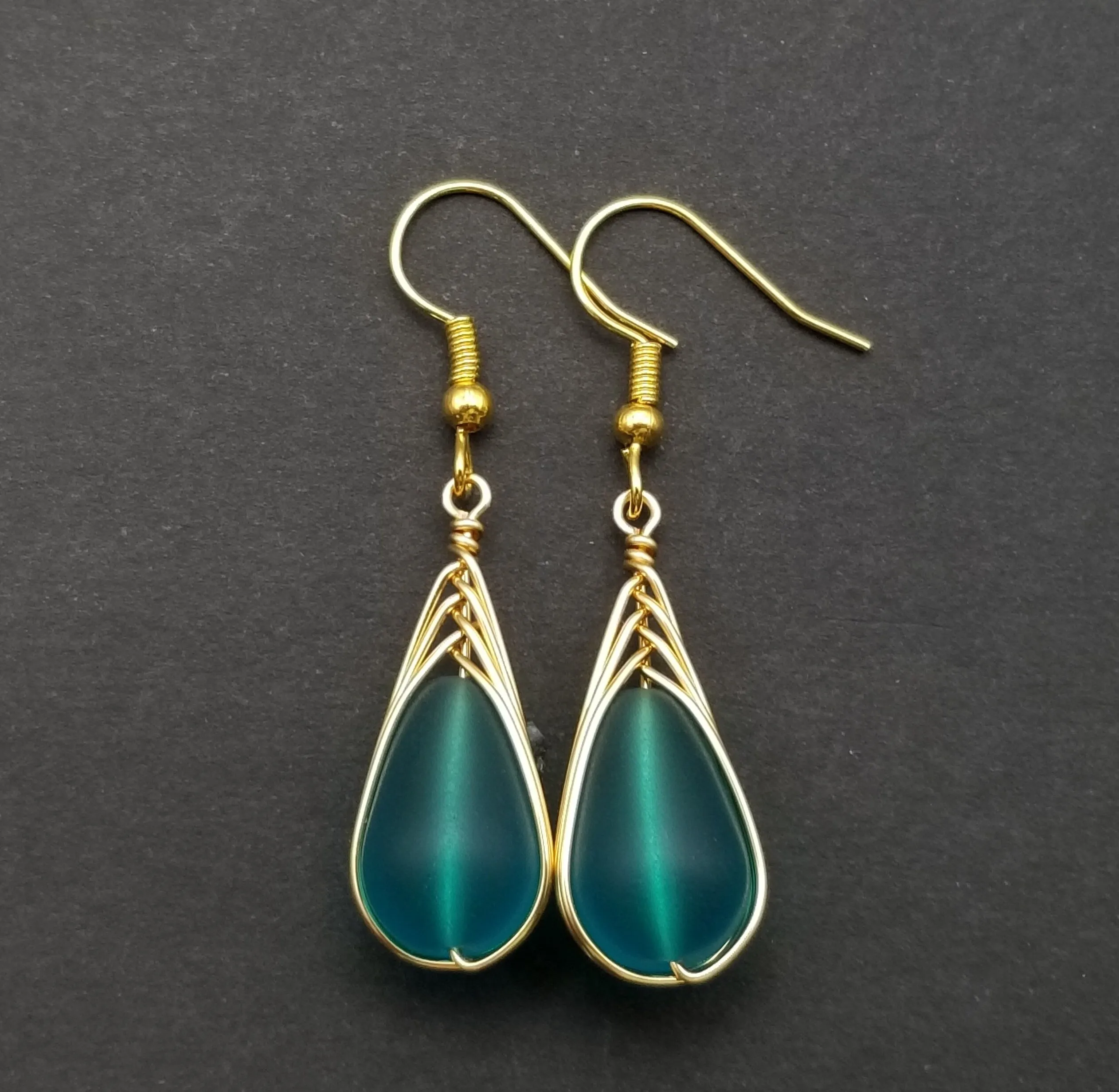 Hawaiian Jewelry Sea Glass Earrings, Gold Braided Teal Earrings, Beach Jewelry For Women