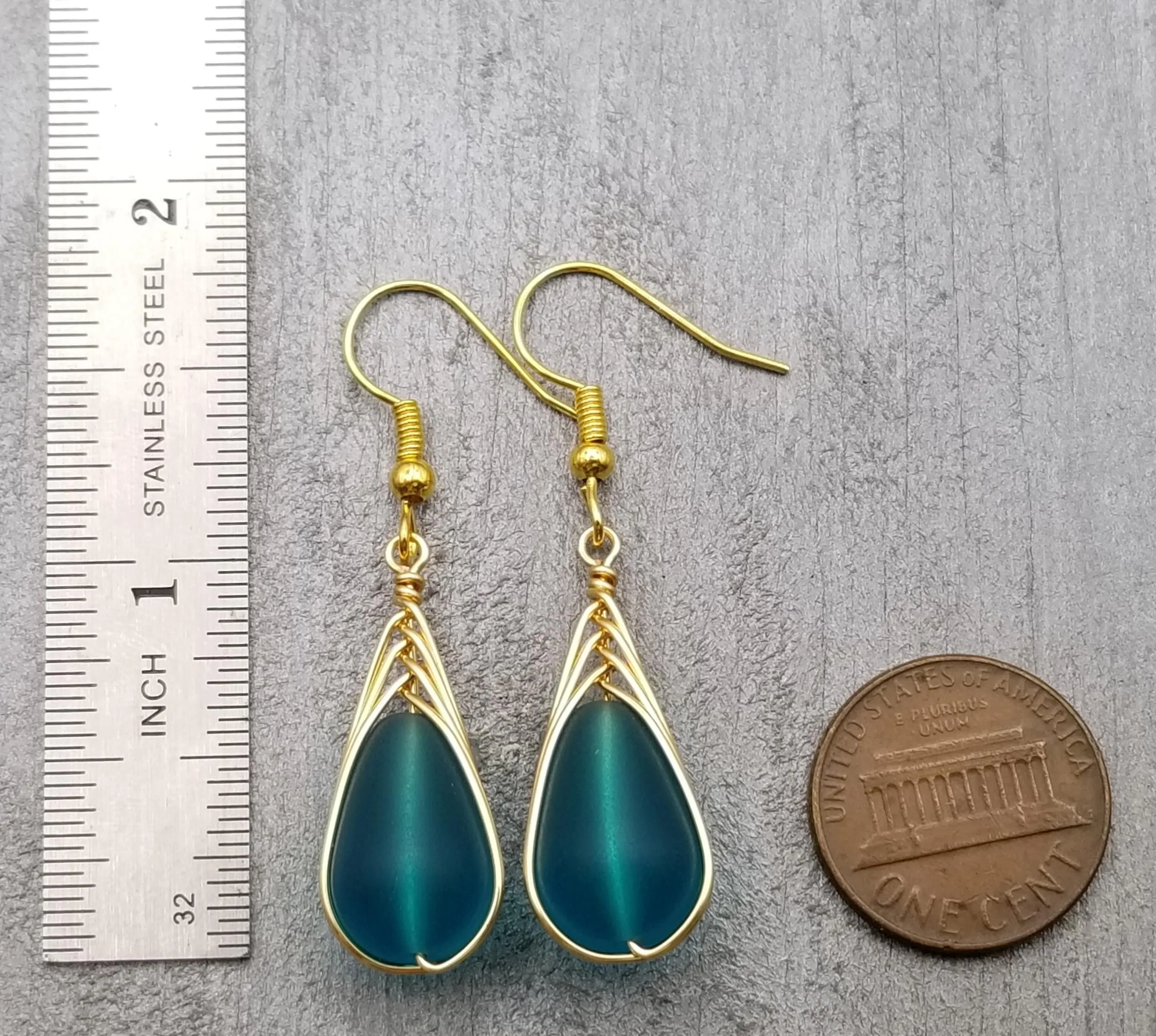 Hawaiian Jewelry Sea Glass Earrings, Gold Braided Teal Earrings, Beach Jewelry For Women
