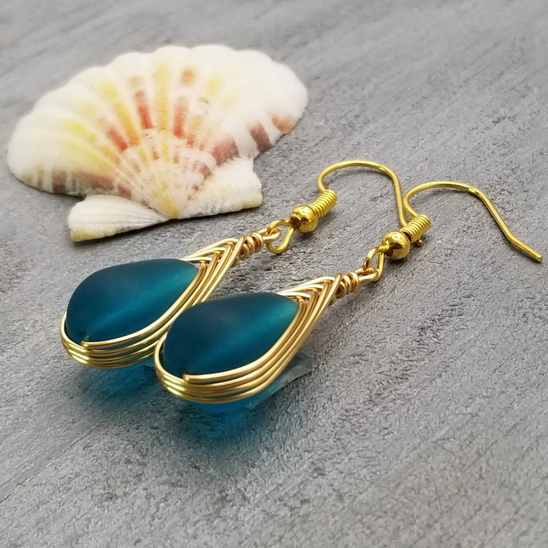 Hawaiian Jewelry Sea Glass Earrings, Gold Braided Teal Earrings, Beach Jewelry For Women