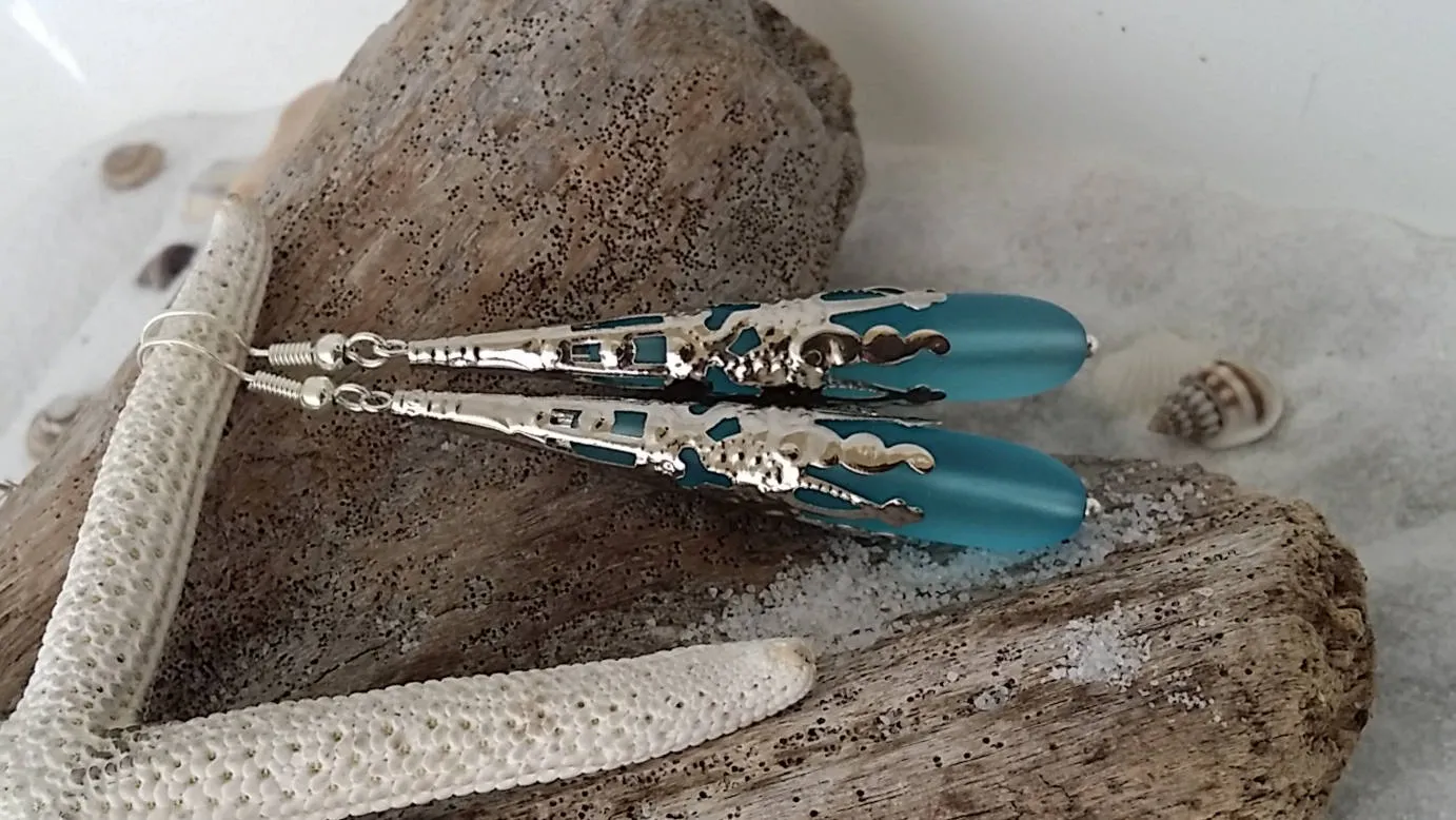 Hawaiian Jewelry Sea Glass Earrings, Turquoise Blue Earrings Long Teardrop Earrings, Sea Glass Jewelry Beach Jewelry (December Birthstone)