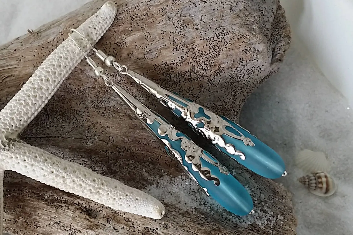 Hawaiian Jewelry Sea Glass Earrings, Turquoise Blue Earrings Long Teardrop Earrings, Sea Glass Jewelry Beach Jewelry (December Birthstone)