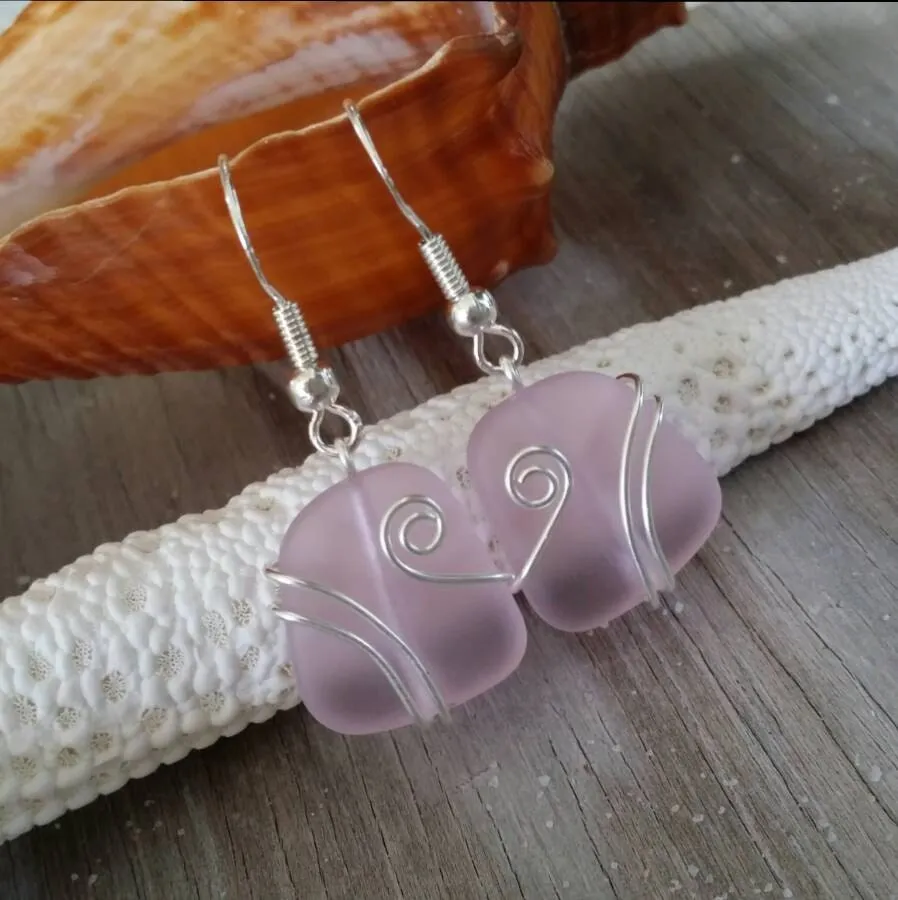 Hawaiian Jewelry Sea Glass Earrings, Wire Pink Earrings, Sea Glass Jewelry For Women Beach Jewelry Birthday Gift(October Birthstone Jewelry)