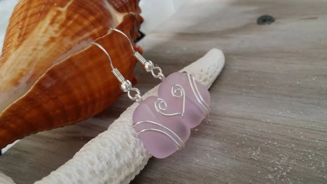 Hawaiian Jewelry Sea Glass Earrings, Wire Pink Earrings, Sea Glass Jewelry For Women Beach Jewelry Birthday Gift(October Birthstone Jewelry)