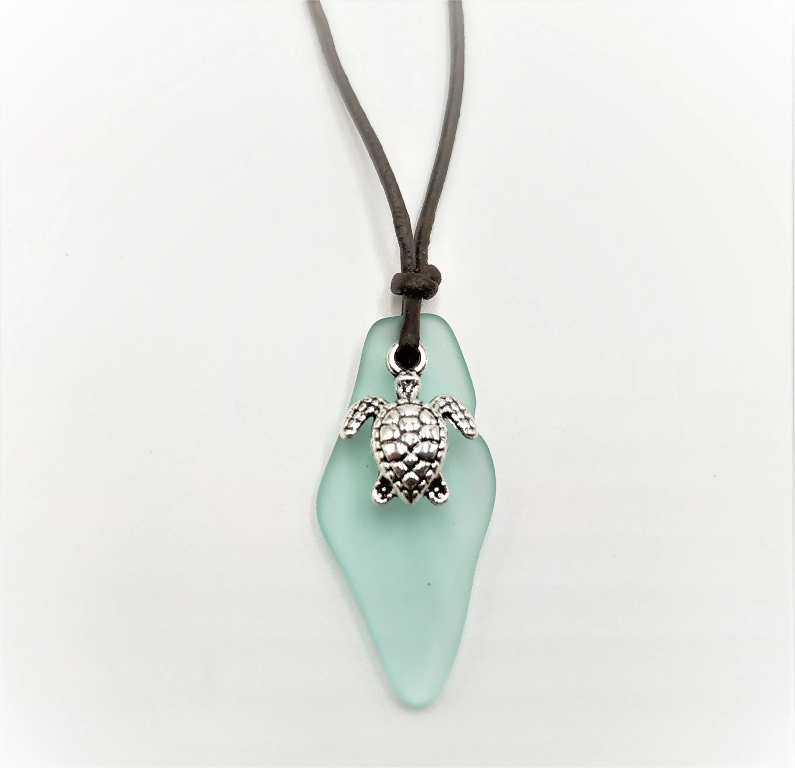 Hawaiian Jewelry Sea Glass Necklace, Aquamarine Necklace Leather Cord Necklace Turtle Necklace, Sea Glass Jewelry (March Birthstone Jewelry)