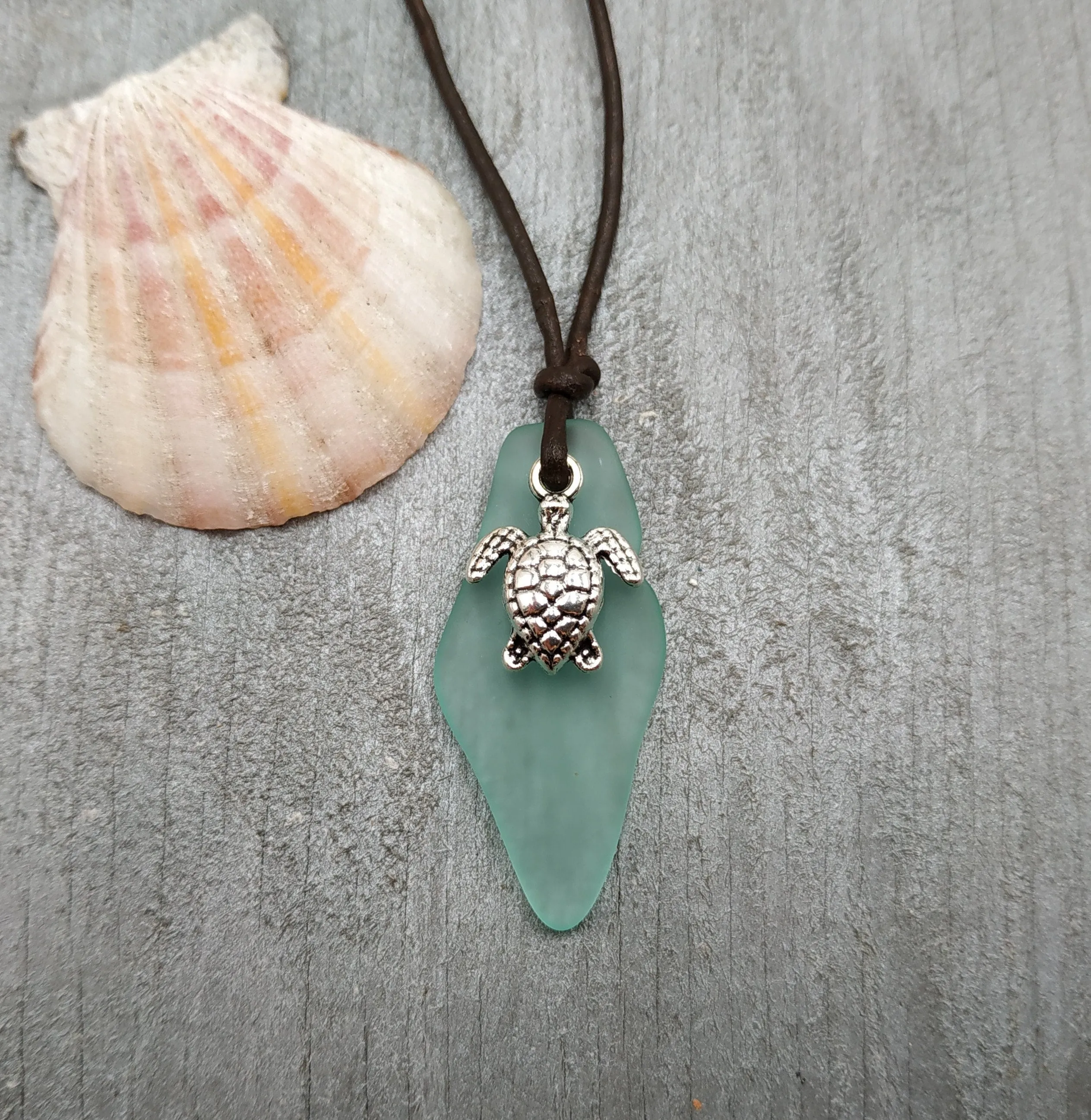 Hawaiian Jewelry Sea Glass Necklace, Aquamarine Necklace Leather Cord Necklace Turtle Necklace, Sea Glass Jewelry (March Birthstone Jewelry)