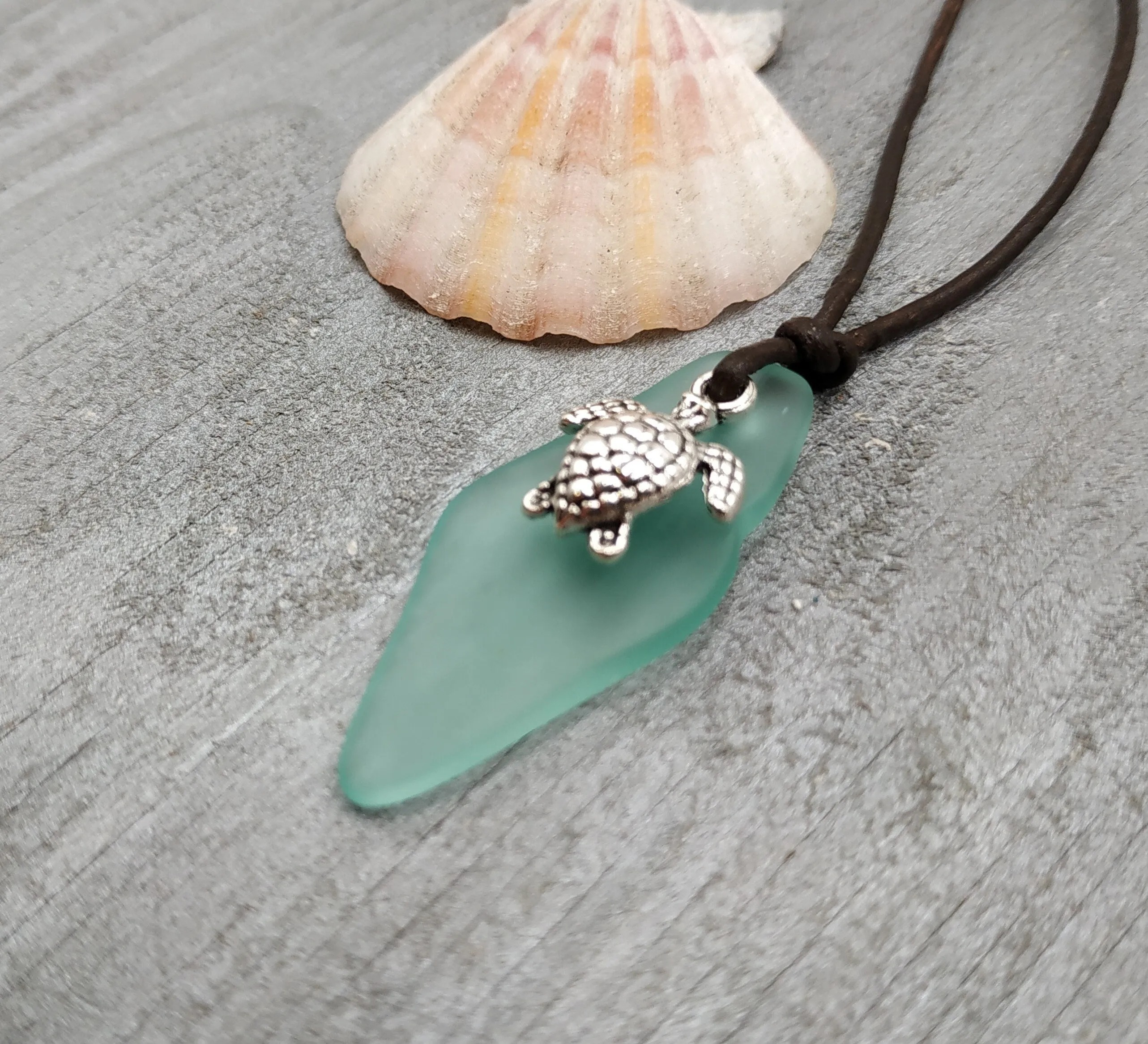 Hawaiian Jewelry Sea Glass Necklace, Aquamarine Necklace Leather Cord Necklace Turtle Necklace, Sea Glass Jewelry (March Birthstone Jewelry)