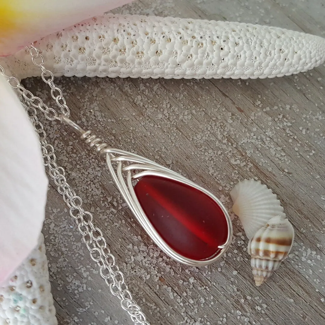 Hawaiian Jewelry Sea Glass Necklace, Braided Ruby Necklace Red Necklace Teardrop Necklace, Sea Glass Jewelry Birthday Gift (July Birthstone)