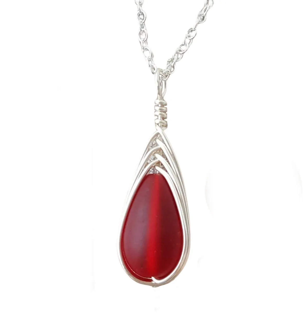 Hawaiian Jewelry Sea Glass Necklace, Braided Ruby Necklace Red Necklace Teardrop Necklace, Sea Glass Jewelry Birthday Gift (July Birthstone)