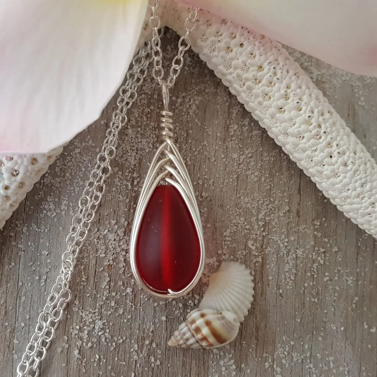 Hawaiian Jewelry Sea Glass Necklace, Braided Ruby Necklace Red Necklace Teardrop Necklace, Sea Glass Jewelry Birthday Gift (July Birthstone)