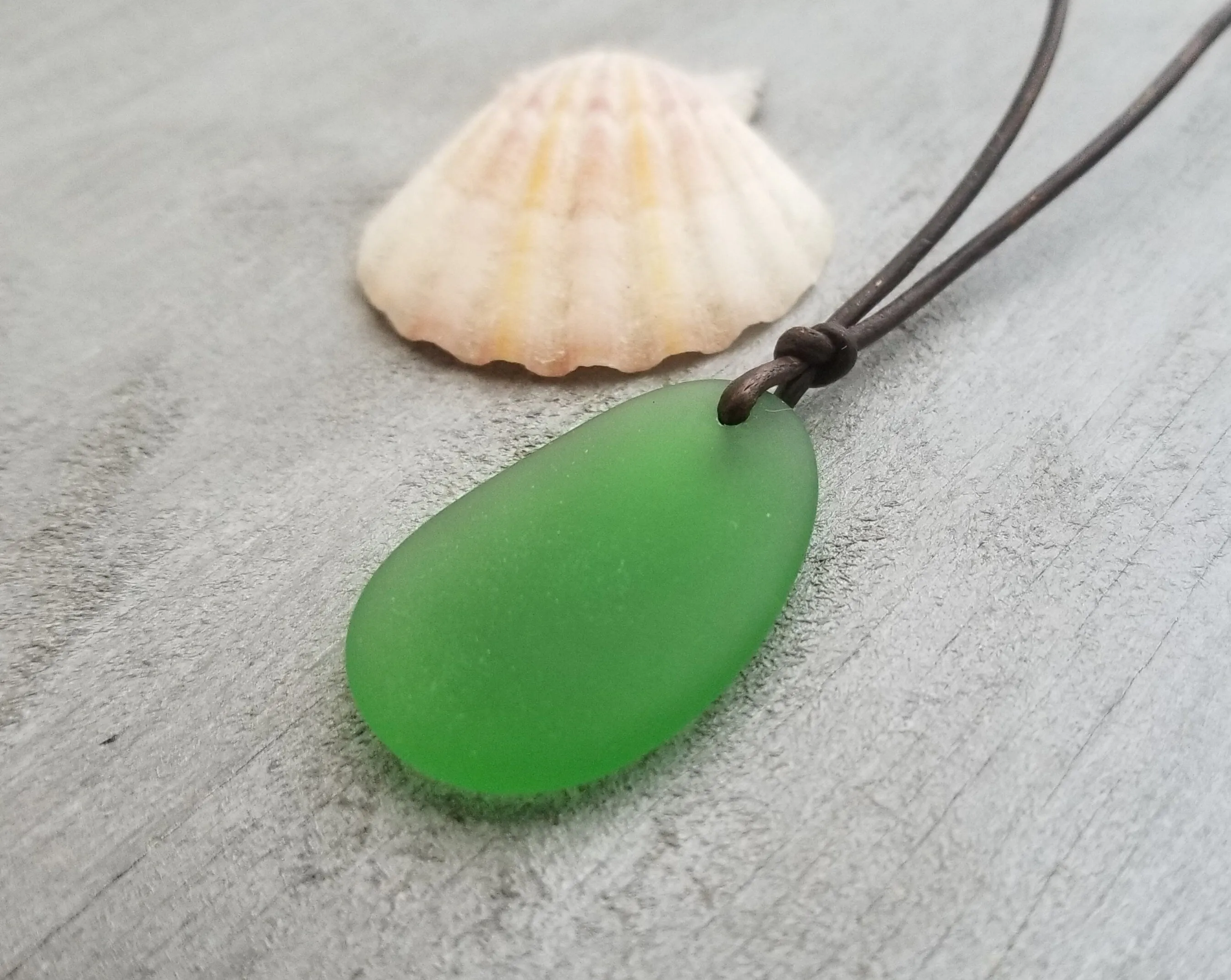 Hawaiian Jewelry Sea Glass Necklace, Emerald Necklace Green Necklace, Leather Cord Necklace, Sea Glass Jewelry(May Birthstone Jewelry Gift)