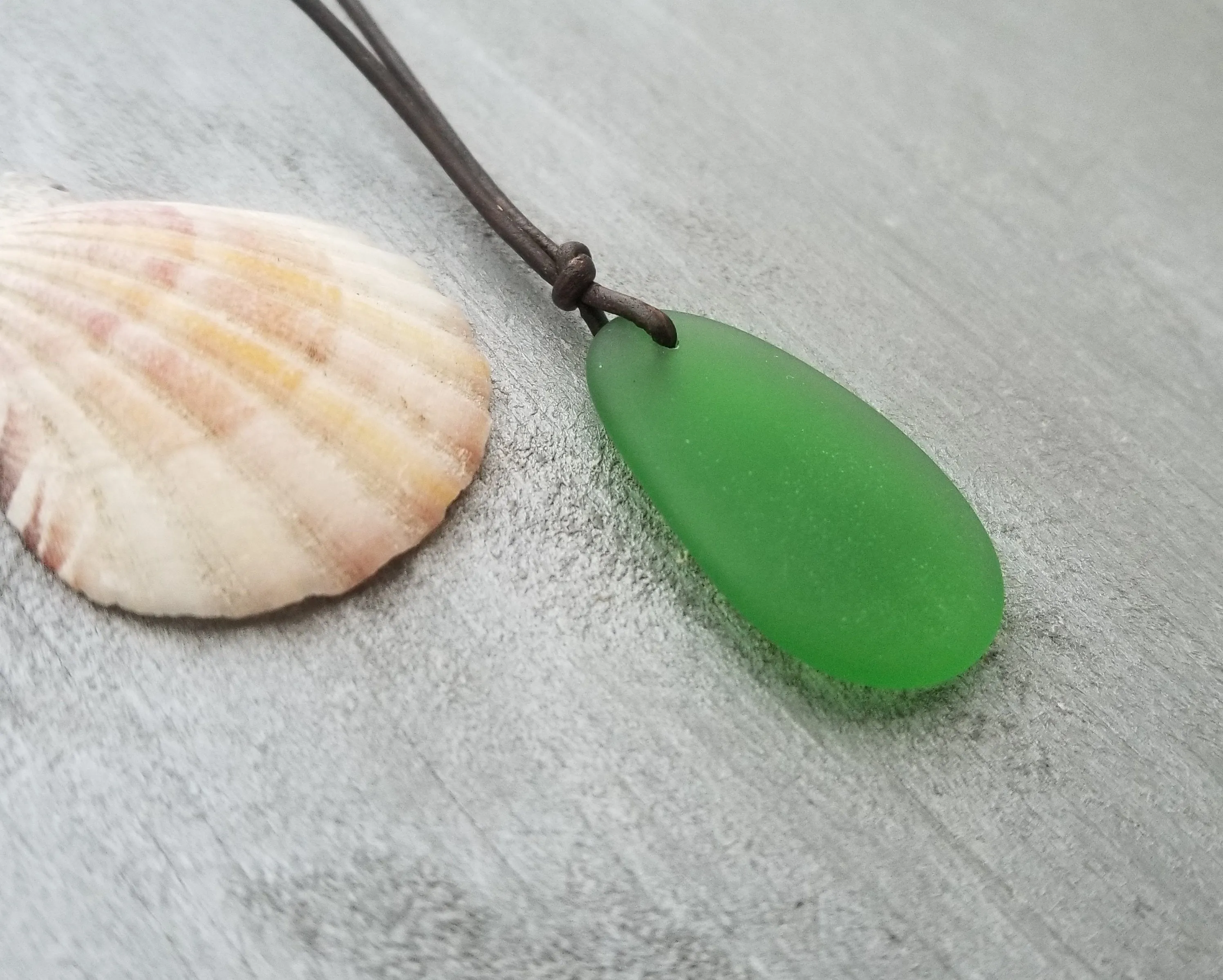 Hawaiian Jewelry Sea Glass Necklace, Emerald Necklace Green Necklace, Leather Cord Necklace, Sea Glass Jewelry(May Birthstone Jewelry Gift)