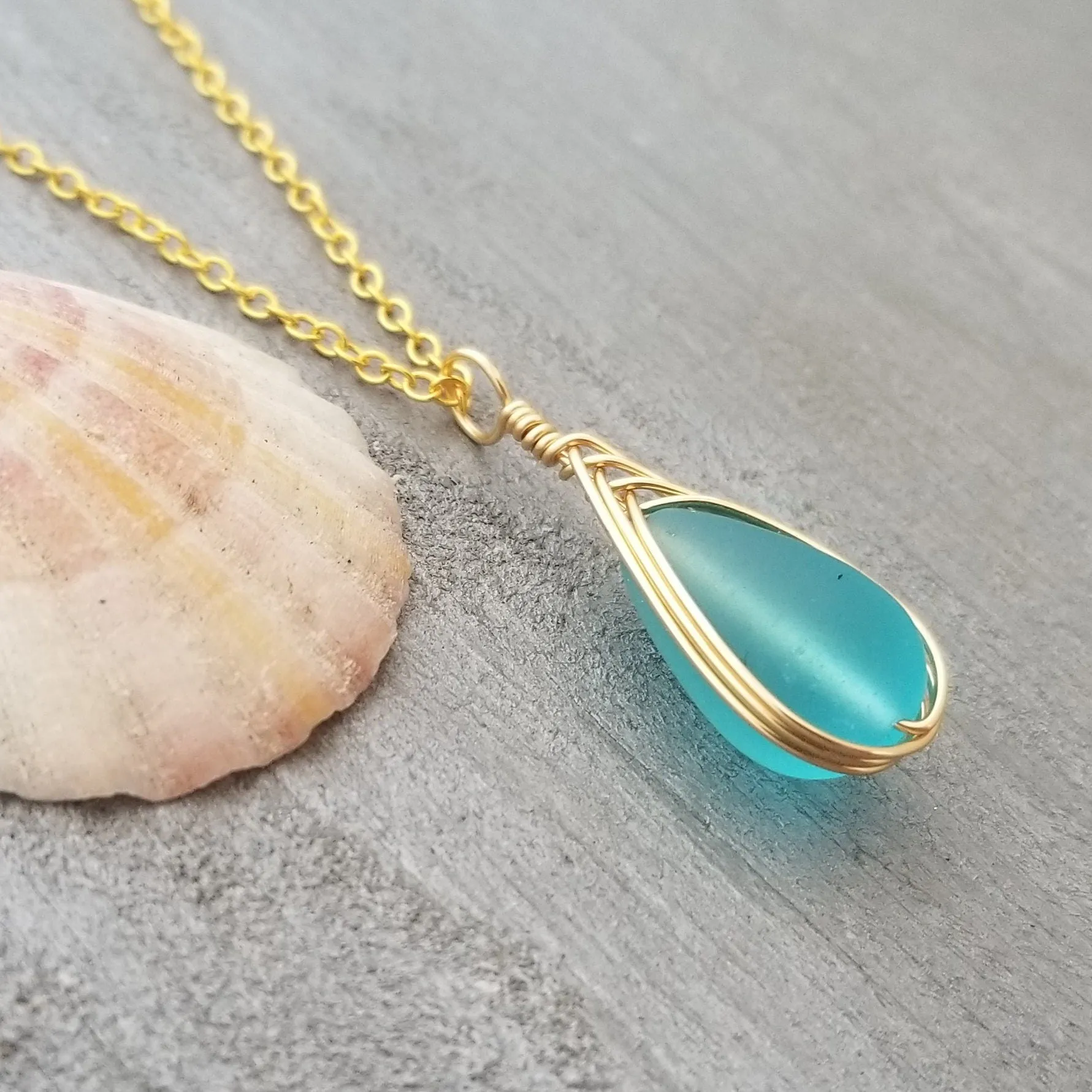 Hawaiian Jewelry Sea Glass Necklace, Gold Braided Turquoise Necklace Blue Necklace, Beach Jewelry Birthday Gift(December Birthstone Jewelry)