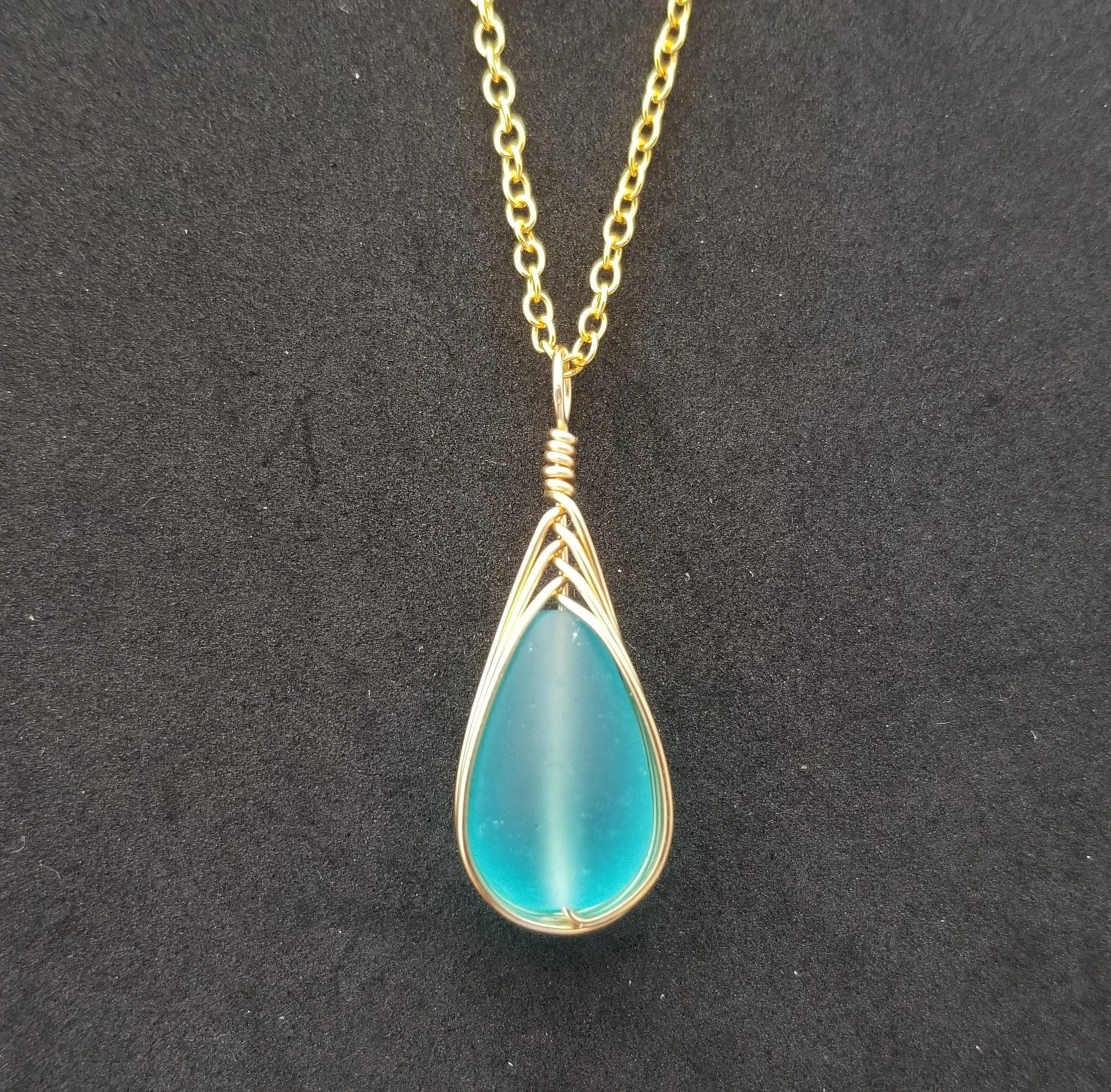 Hawaiian Jewelry Sea Glass Necklace, Gold Braided Turquoise Necklace Blue Necklace, Beach Jewelry Birthday Gift(December Birthstone Jewelry)