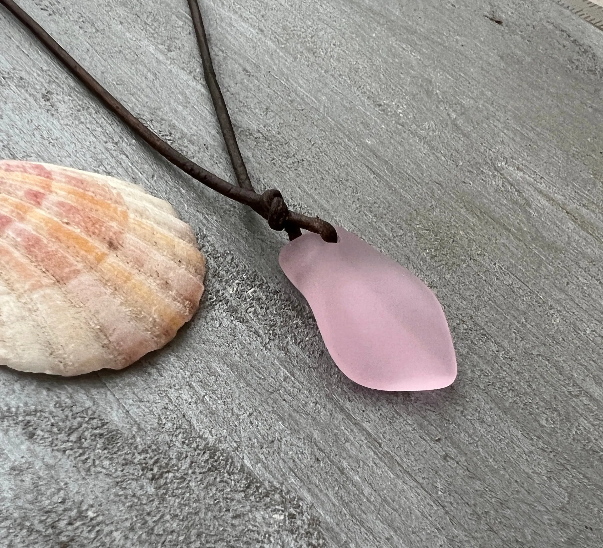 Hawaiian Jewelry Sea Glass Necklace, Puff Pink Necklace Leather Cord Necklace, Unisex Sea Glass Jewelry Birthday Gift (October Birthstone)