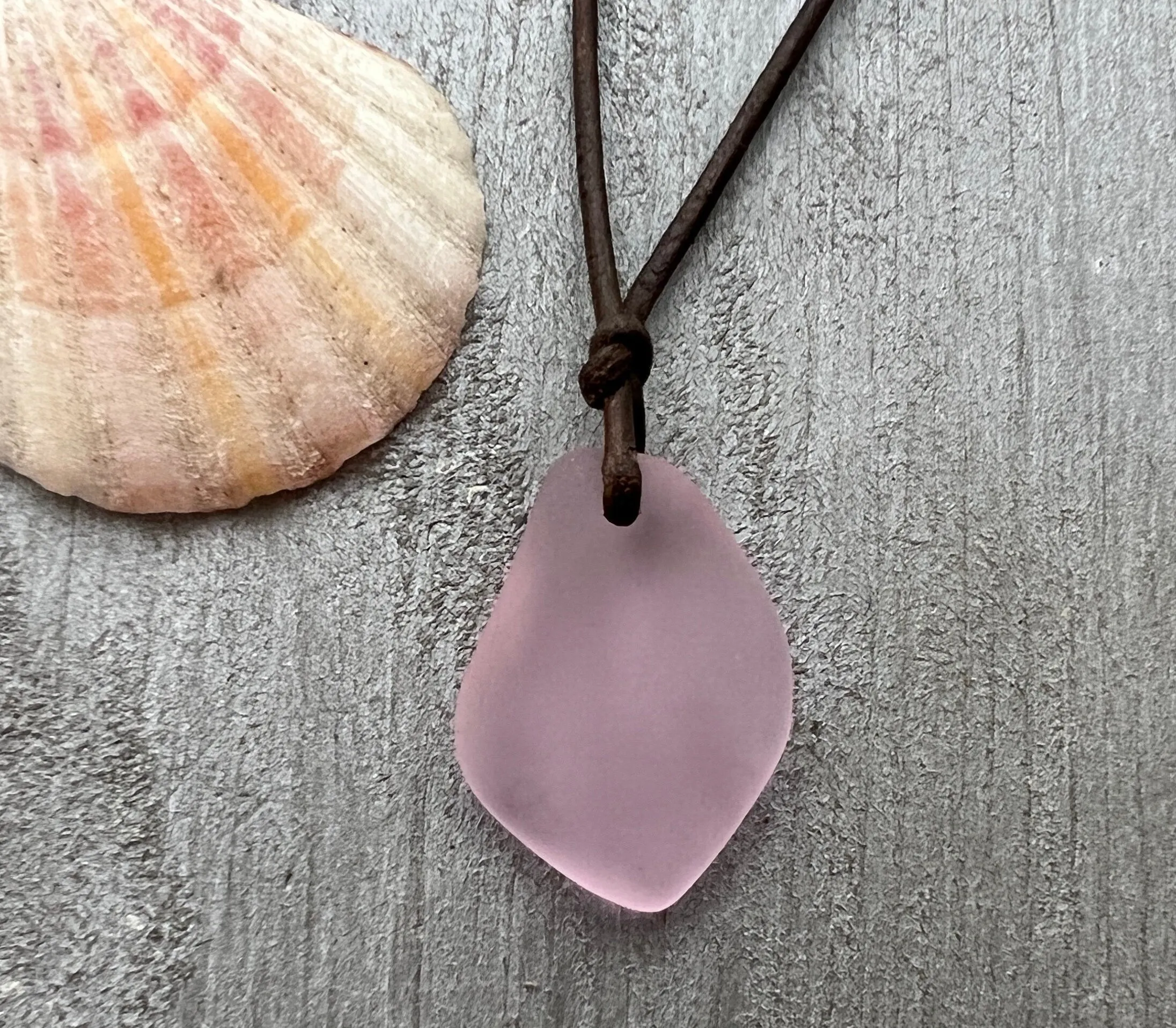 Hawaiian Jewelry Sea Glass Necklace, Puff Pink Necklace Leather Cord Necklace, Unisex Sea Glass Jewelry Birthday Gift (October Birthstone)