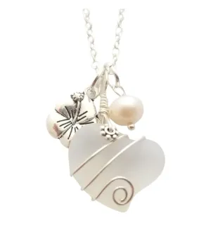 Hawaiian Jewelry Sea Glass Necklace, Wire Heart Necklace Moonstone Necklace Hibiscus Pearl Necklace, Sea Glass Jewelry (June Birthstone)