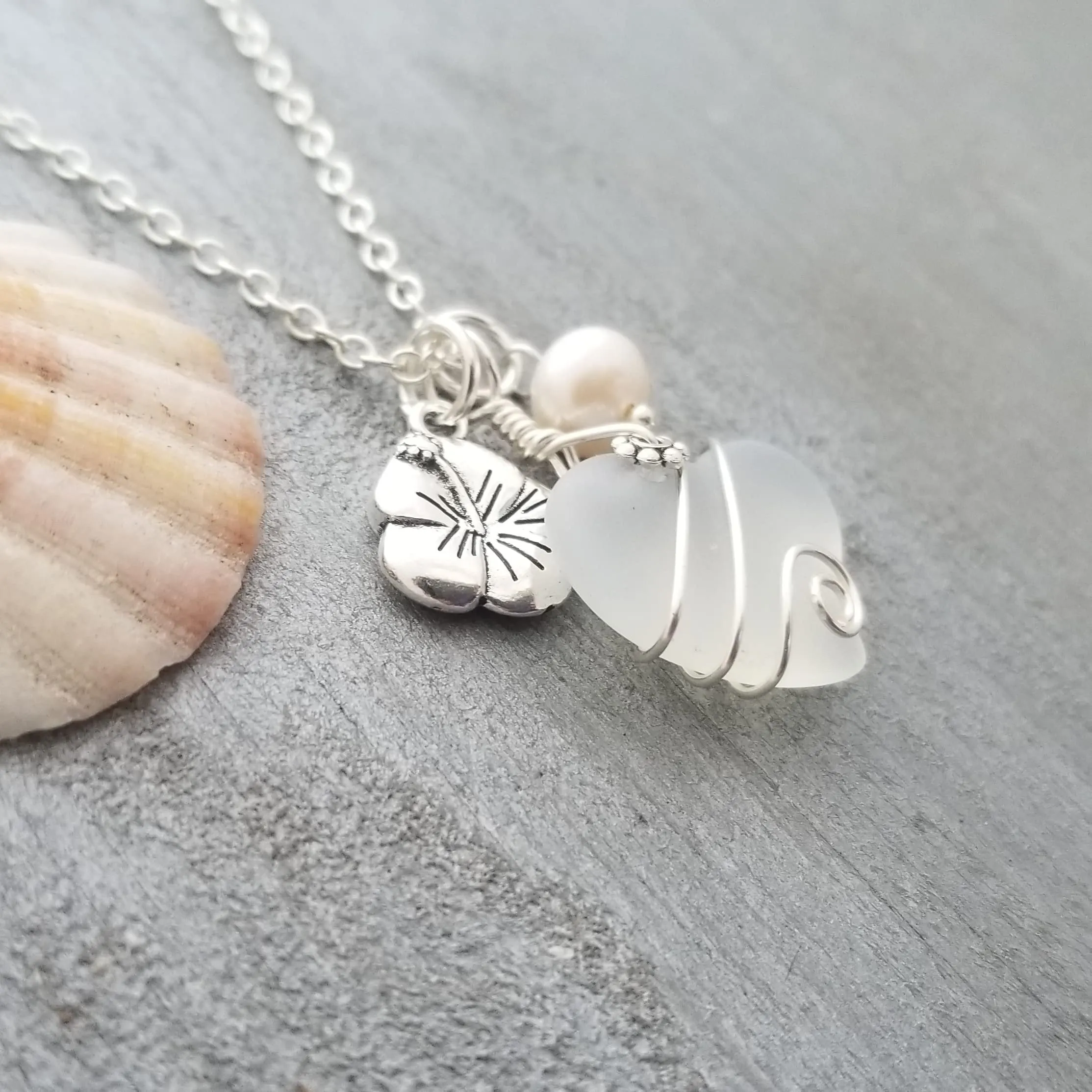 Hawaiian Jewelry Sea Glass Necklace, Wire Heart Necklace Moonstone Necklace Hibiscus Pearl Necklace, Sea Glass Jewelry (June Birthstone)
