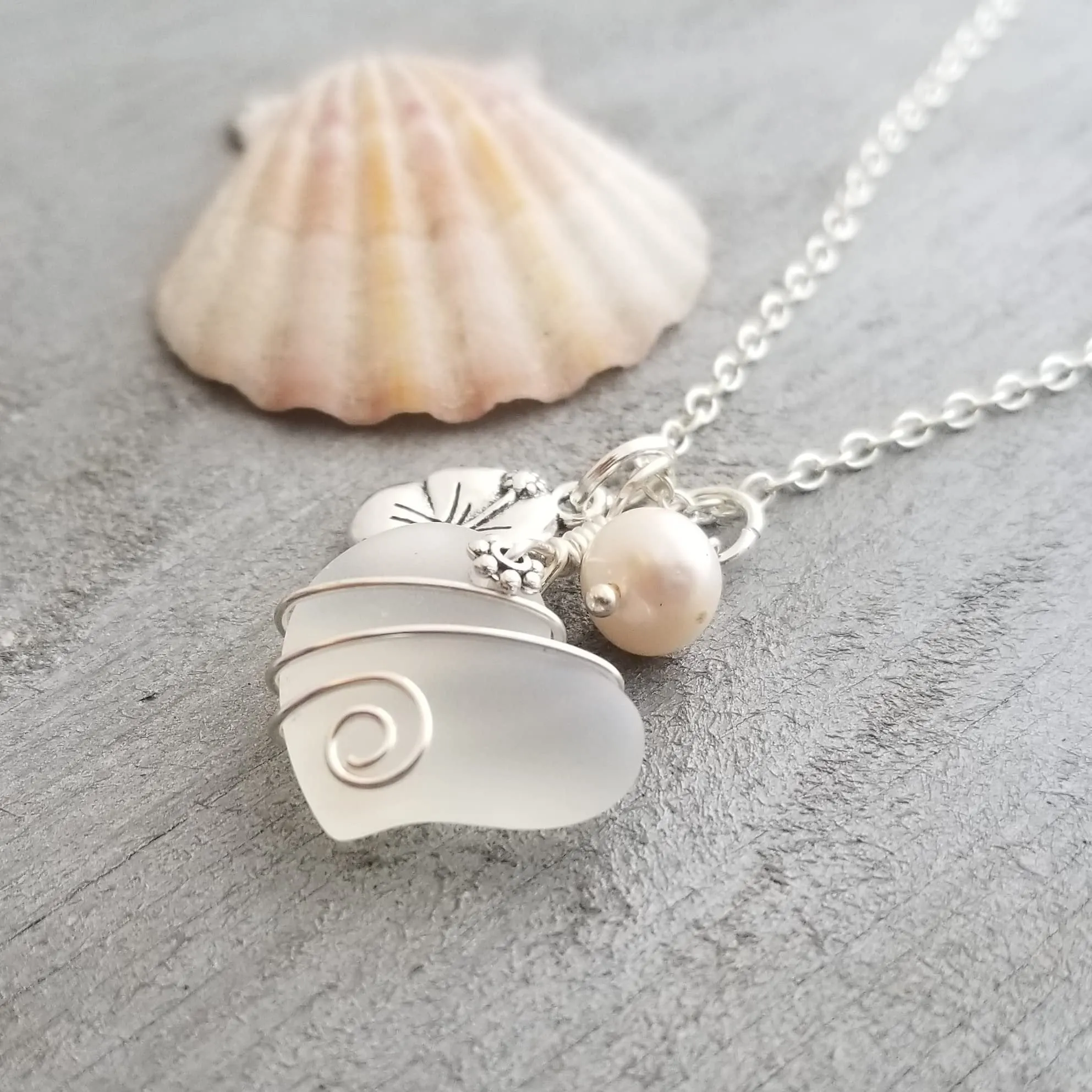 Hawaiian Jewelry Sea Glass Necklace, Wire Heart Necklace Moonstone Necklace Hibiscus Pearl Necklace, Sea Glass Jewelry (June Birthstone)