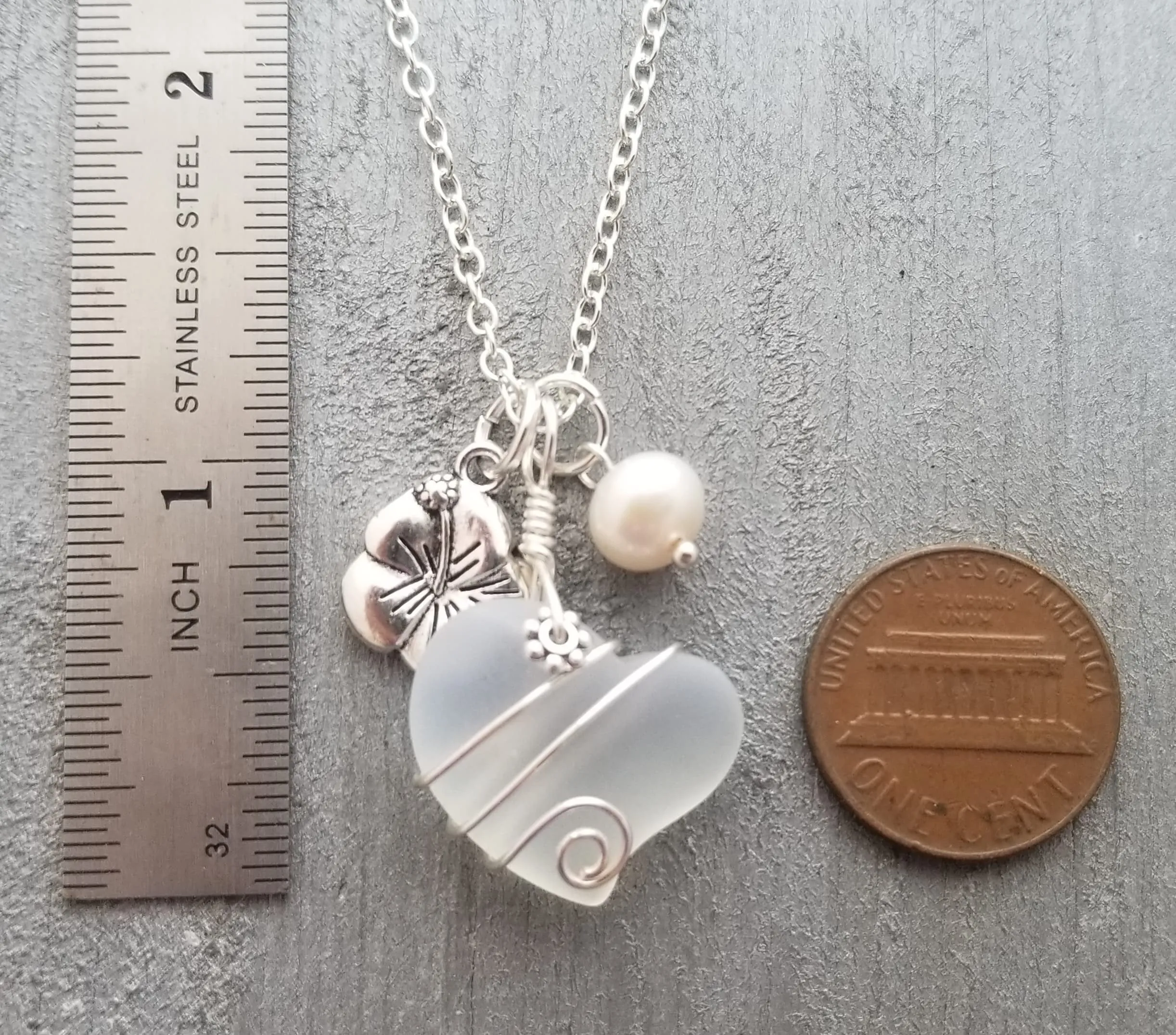 Hawaiian Jewelry Sea Glass Necklace, Wire Heart Necklace Moonstone Necklace Hibiscus Pearl Necklace, Sea Glass Jewelry (June Birthstone)