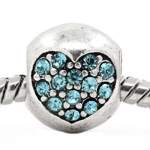 Heart Carved On Charm With Rhinestones Bead Spacer For Snake Chain Bracelet (Light Blue)