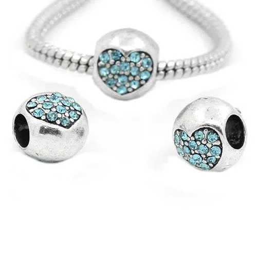 Heart Carved On Charm With Rhinestones Bead Spacer For Snake Chain Bracelet (Light Blue)