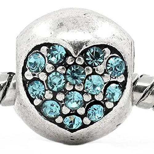 Heart Carved On Charm With Rhinestones Bead Spacer For Snake Chain Bracelet (Light Blue)