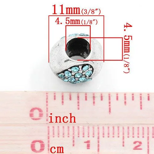 Heart Carved On Charm With Rhinestones Bead Spacer For Snake Chain Bracelet (Light Blue)