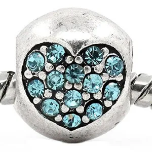 Heart Carved On Charm With Rhinestones Bead Spacer For Snake Chain Bracelet (Light Blue)