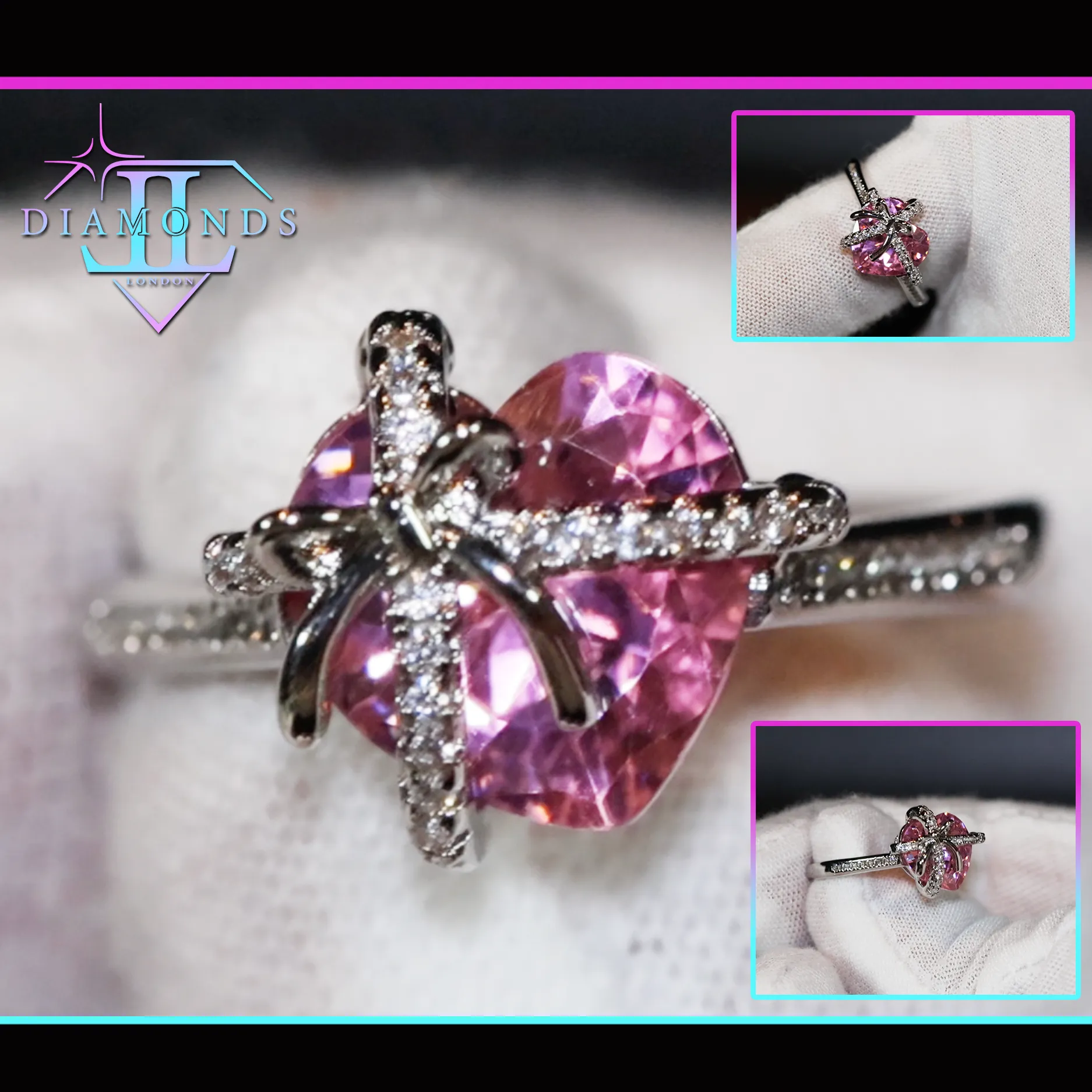 Heart Ring | Pink Diamond Ring | Heart Shape Ring | Ribbon Ring | Diamond Heart Ring | Heart Ring with Diamonds | Engagement Ring | Bow Ring