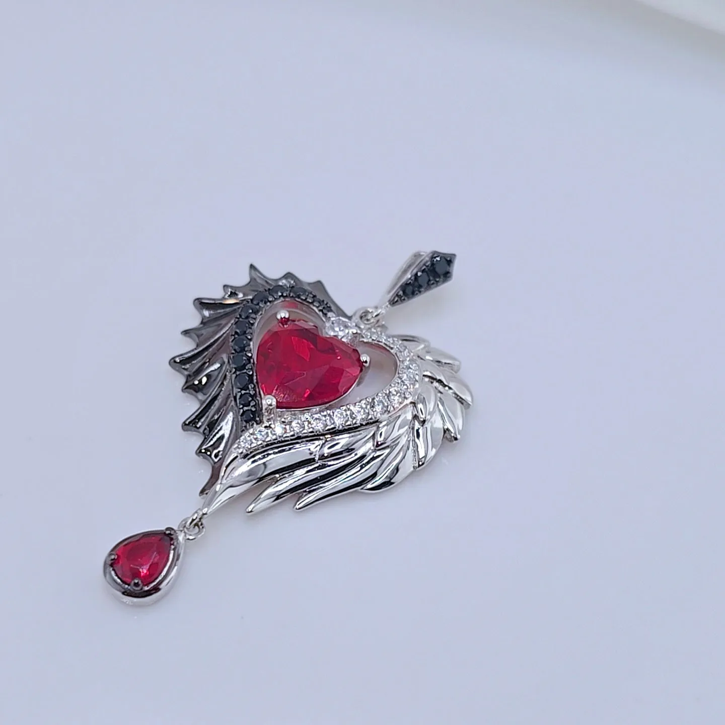 Heart-Shaped Wings with Spinel & Diamonds Pendant