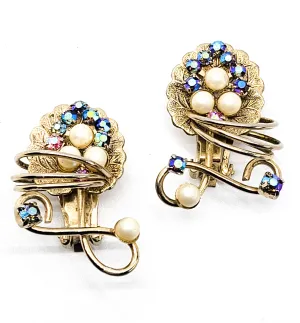 Hobe signed Aura Borealis faux pearl grape leaf vintage rhinestone clip on earrings