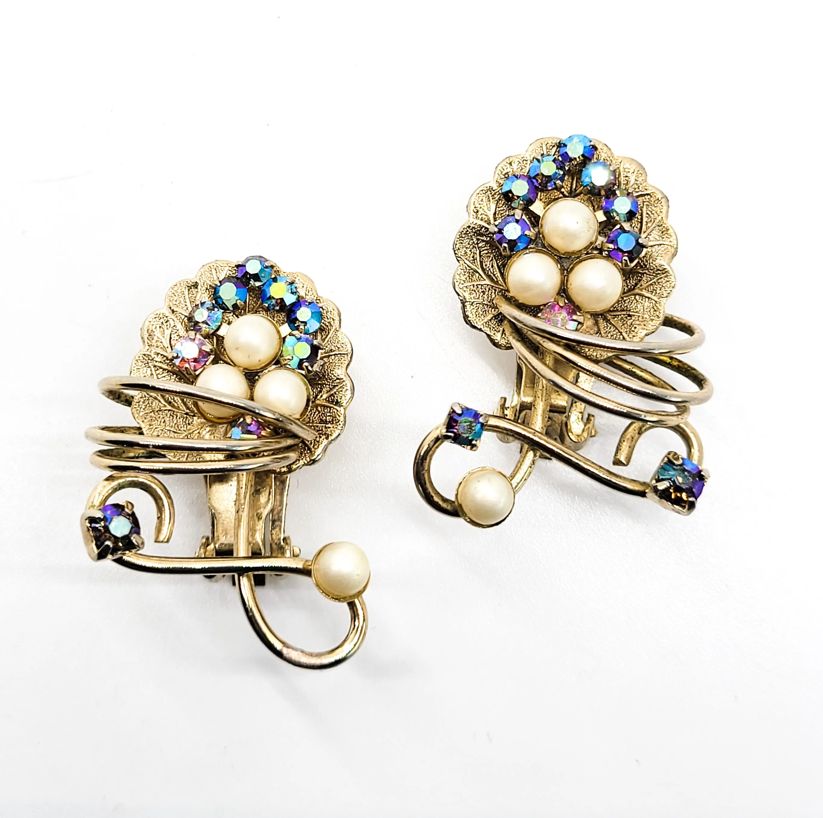 Hobe signed Aura Borealis faux pearl grape leaf vintage rhinestone clip on earrings