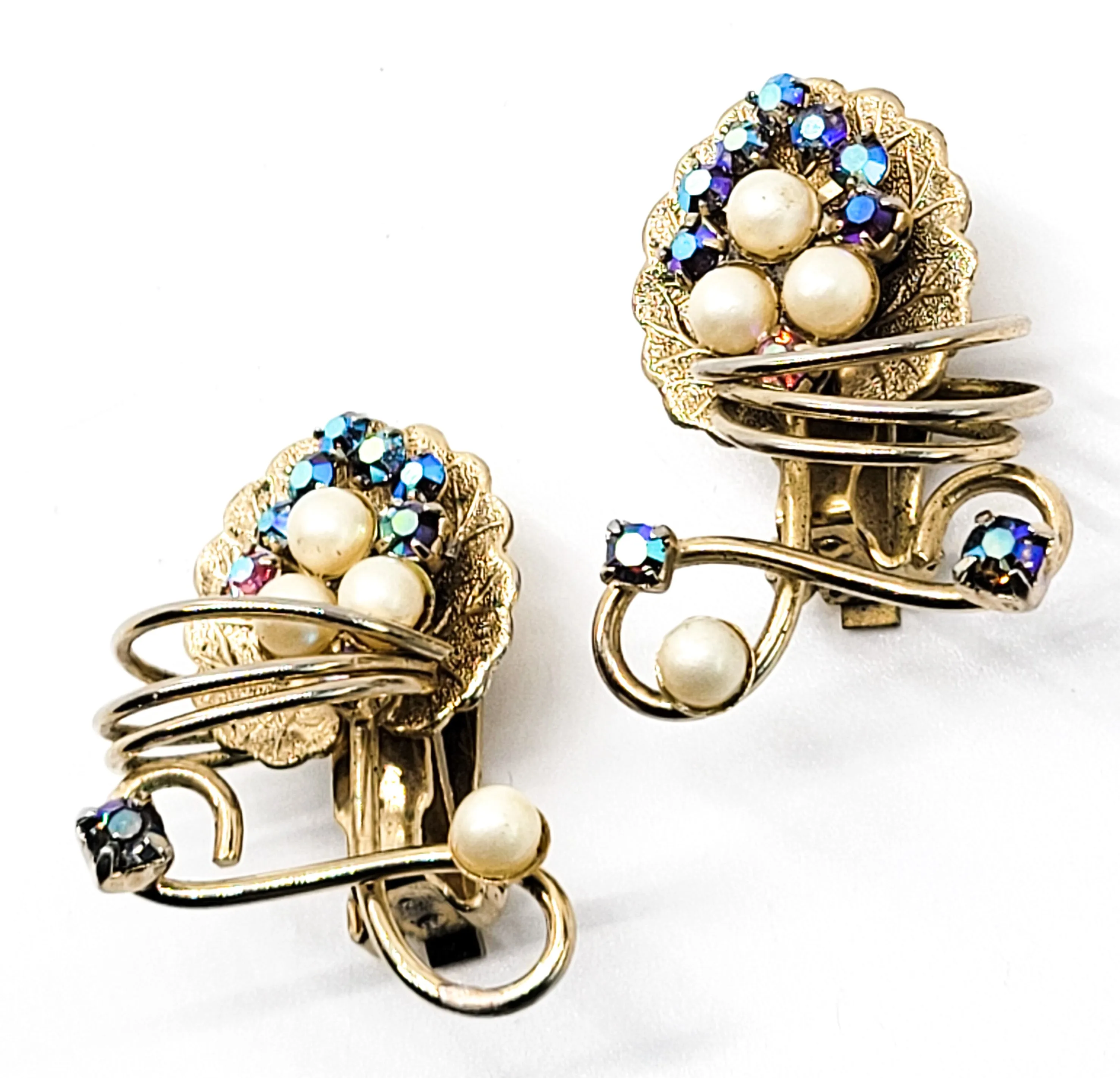 Hobe signed Aura Borealis faux pearl grape leaf vintage rhinestone clip on earrings