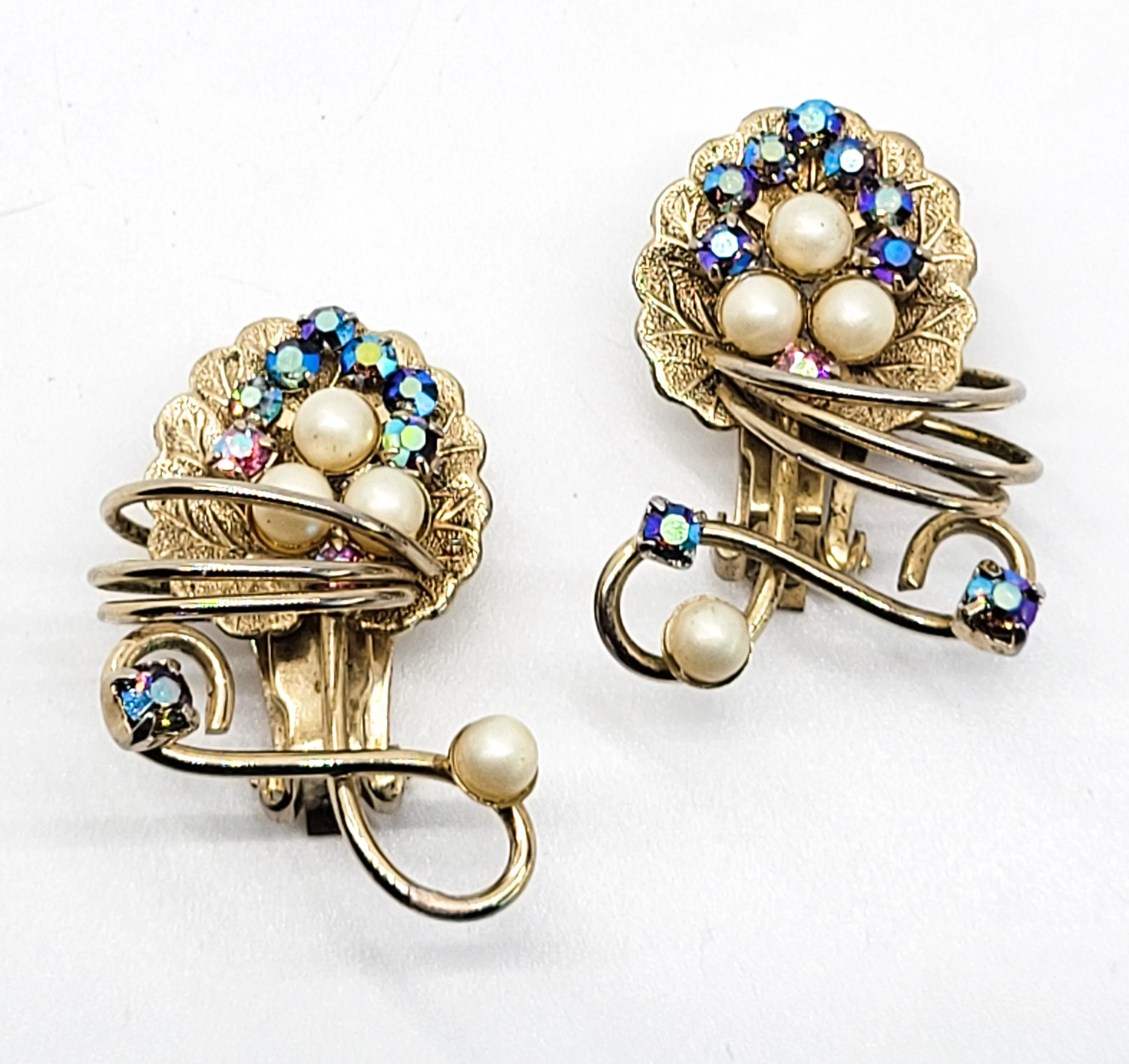 Hobe signed Aura Borealis faux pearl grape leaf vintage rhinestone clip on earrings