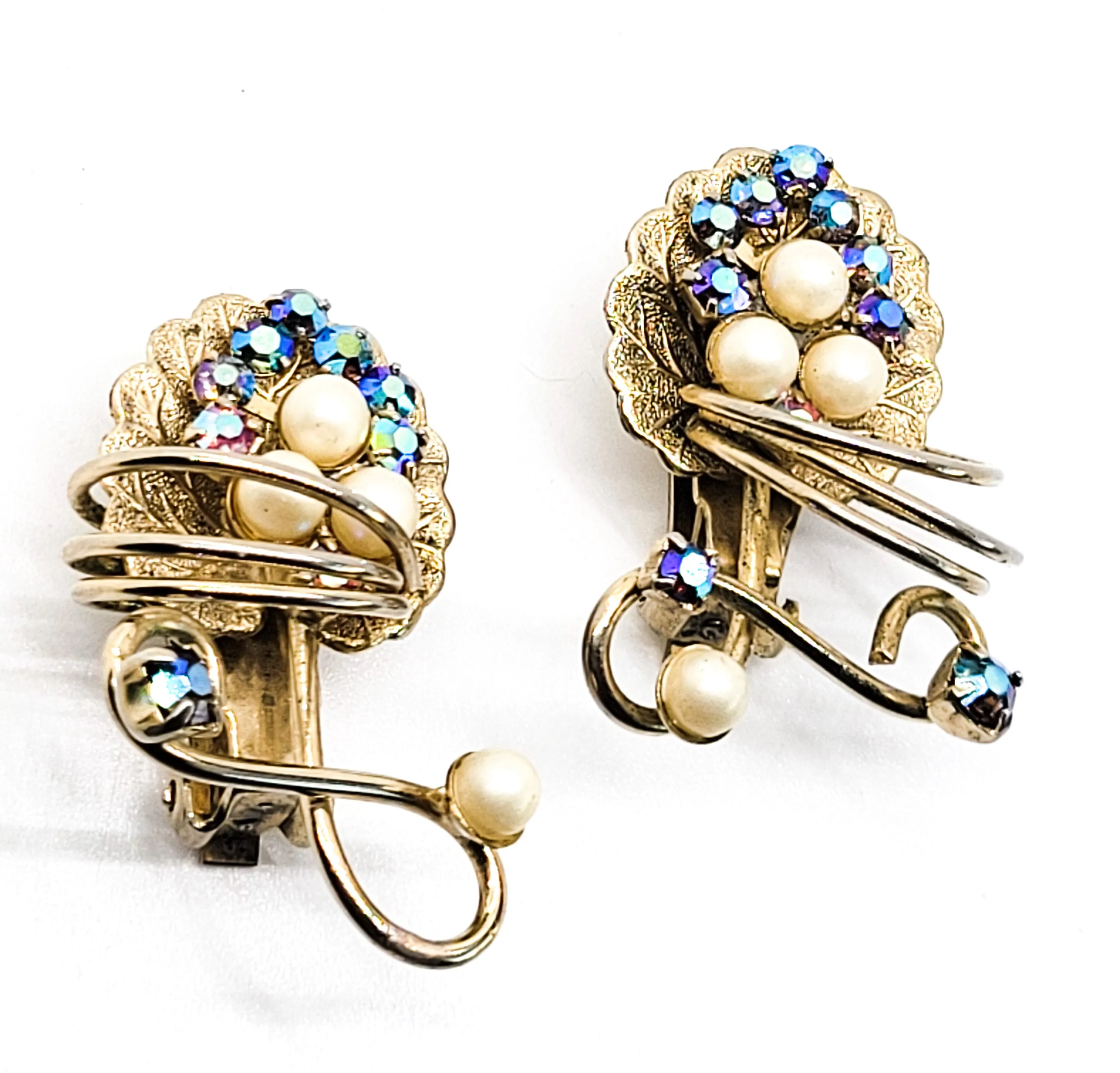 Hobe signed Aura Borealis faux pearl grape leaf vintage rhinestone clip on earrings