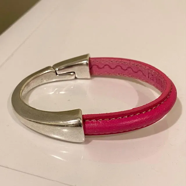 Hot Pink Thick Leather Bracelet for Women with Silver Half Cuff Magnetic Clasp