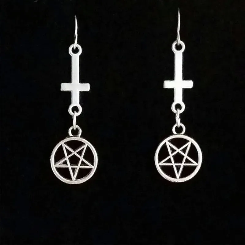 Inverted Cross Pentagram Gothic Drop Earrings – Antique Silver Design