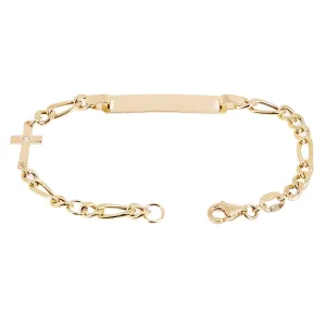 Italian 14k Yellow Gold Engravable Cross Baby Kids ID Figaro Bracelet 5.5" 2.6g