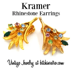 Kramer Vintage Earrings with Colorful Rhinestone Sprays and Retro Style
