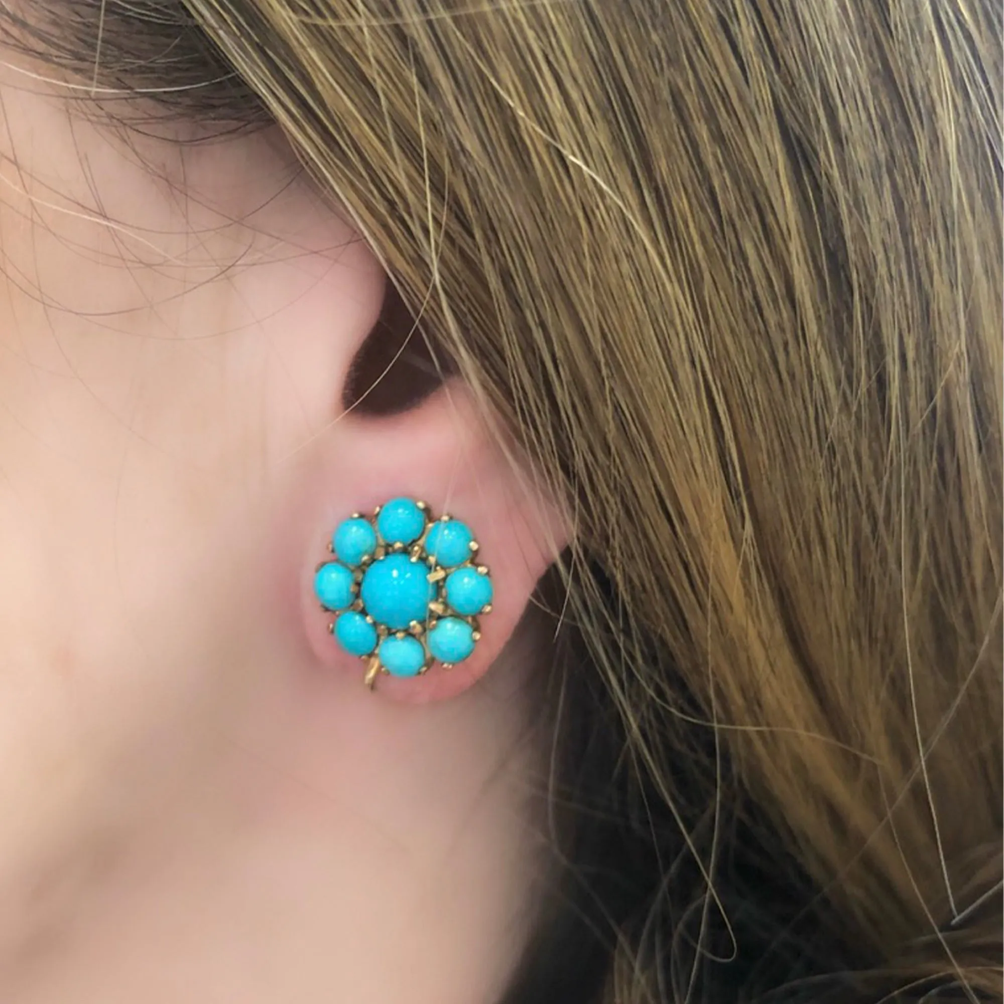 Late Victorian Natural Turquoise Florette Earrings in 10k