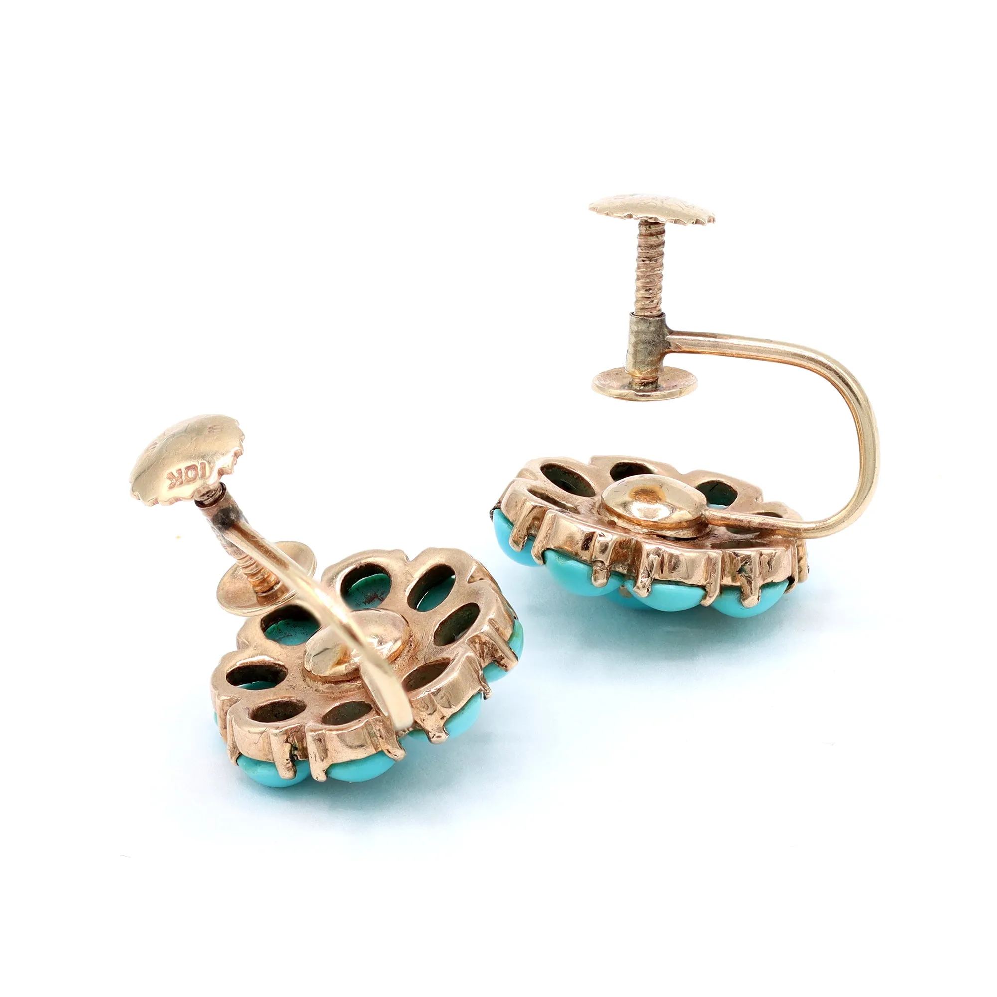 Late Victorian Natural Turquoise Florette Earrings in 10k