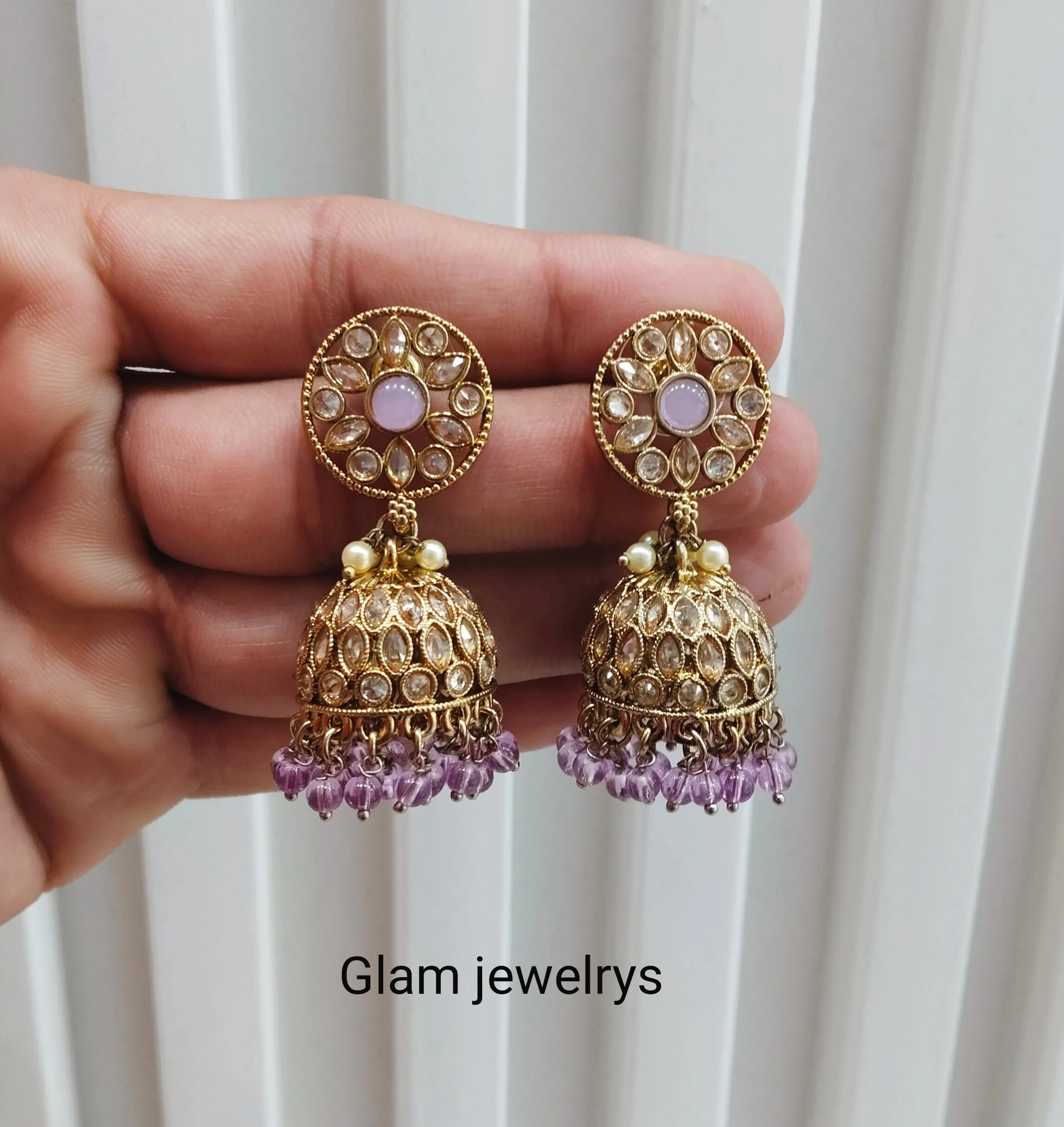 Lavender Antique Gold Jhumki Bollywood indian Earrings
